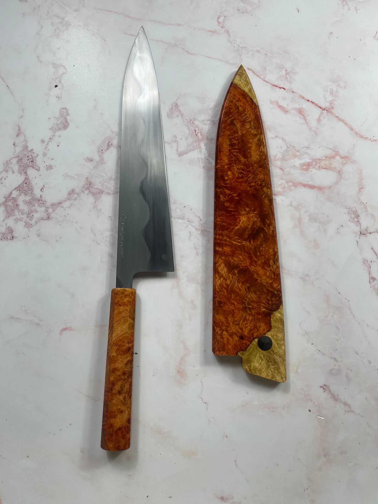 Keskin Honyaki Gyuto 240mm , Full Amboyna Burl with Amboyna Saya