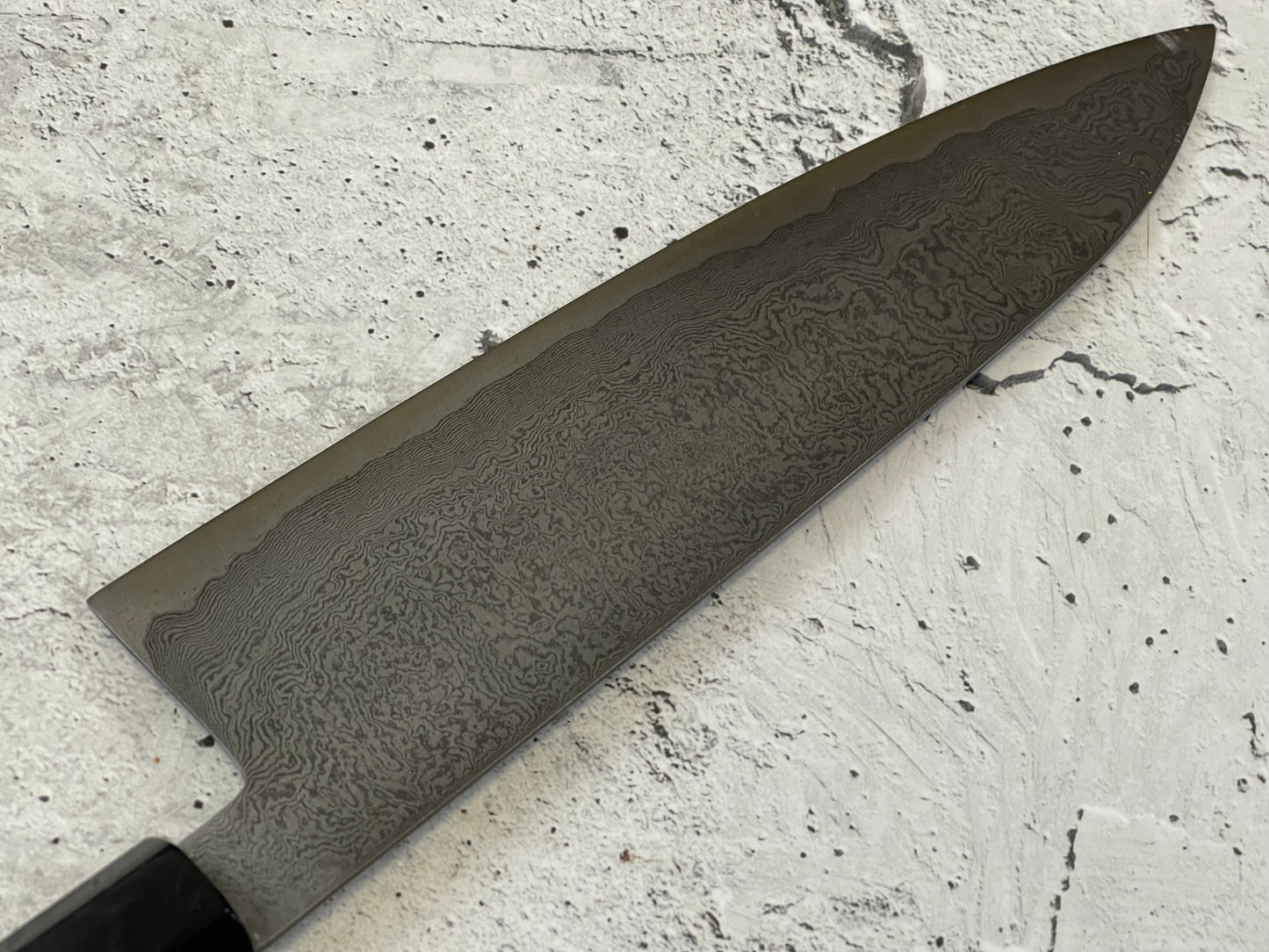 Damascus Laminated Carbon Steel 52100 Gyuto Knife 220mm Kurouchi Etched, Vietnamese Ebony Handle