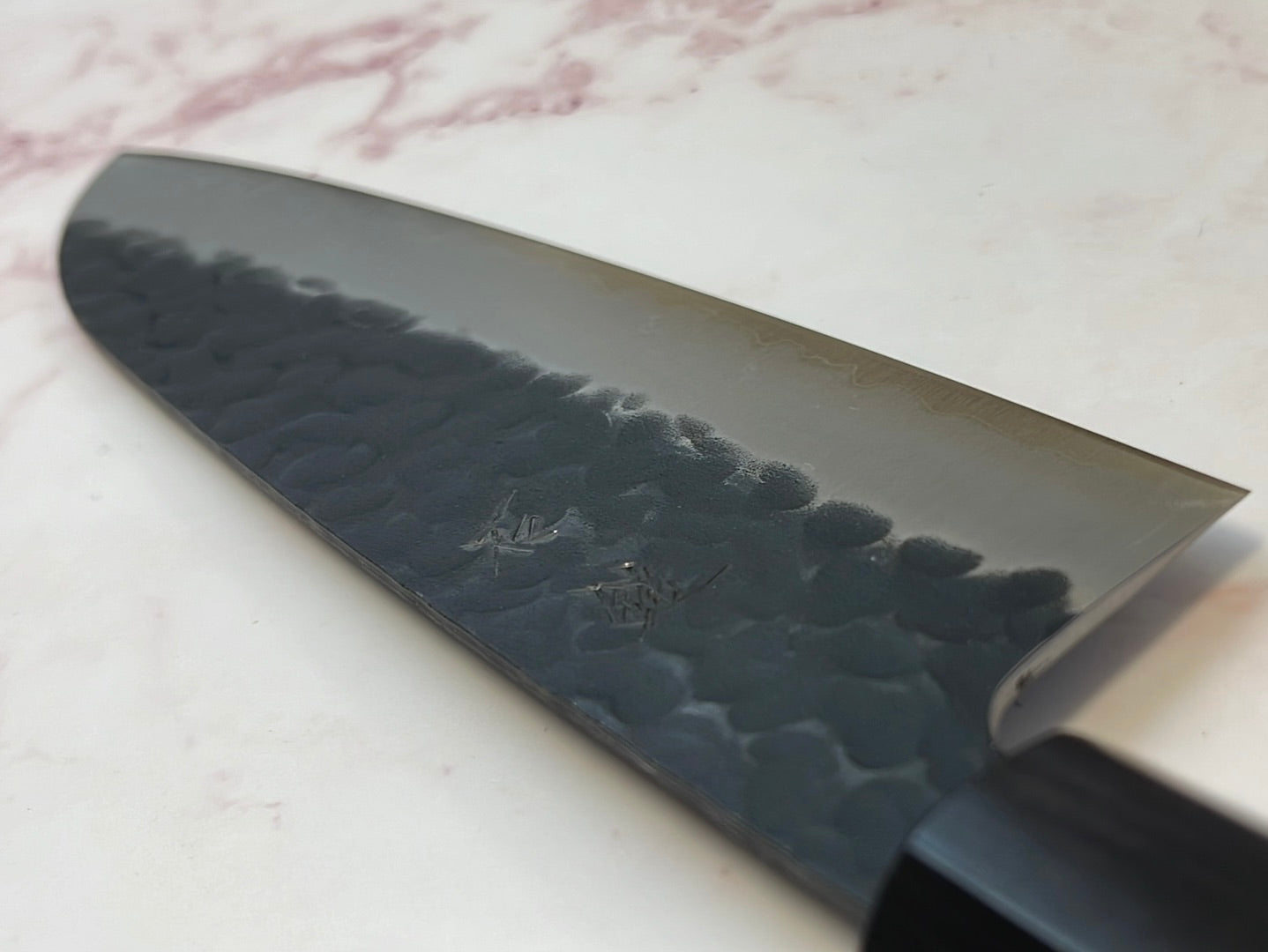 Yoshimune Santoku 165mm (6.5in) Stainless clad Aogami(Blue) Super Black Hammered Finish Double-Bevel Walnut Octagonal Handle