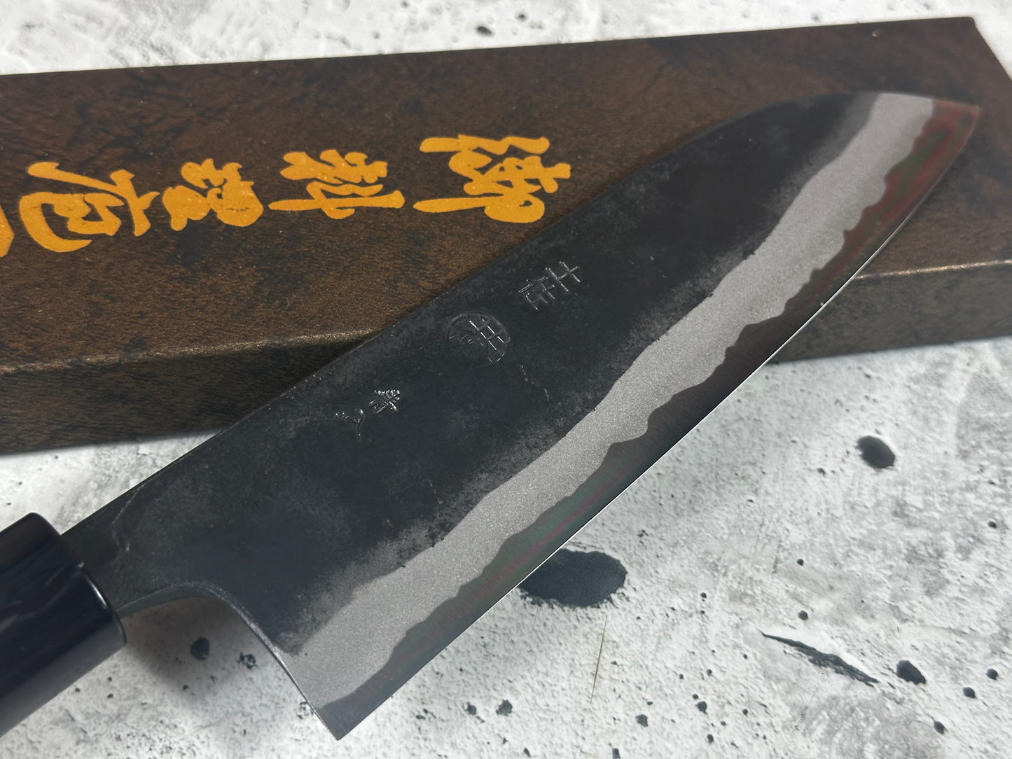 Kyohei Shindo Warikomi Blue #2 Kurouchi 165mm Santoku with Keyaki Wa Handle and Plastic Ferrule - Made in Japan 🇯🇵