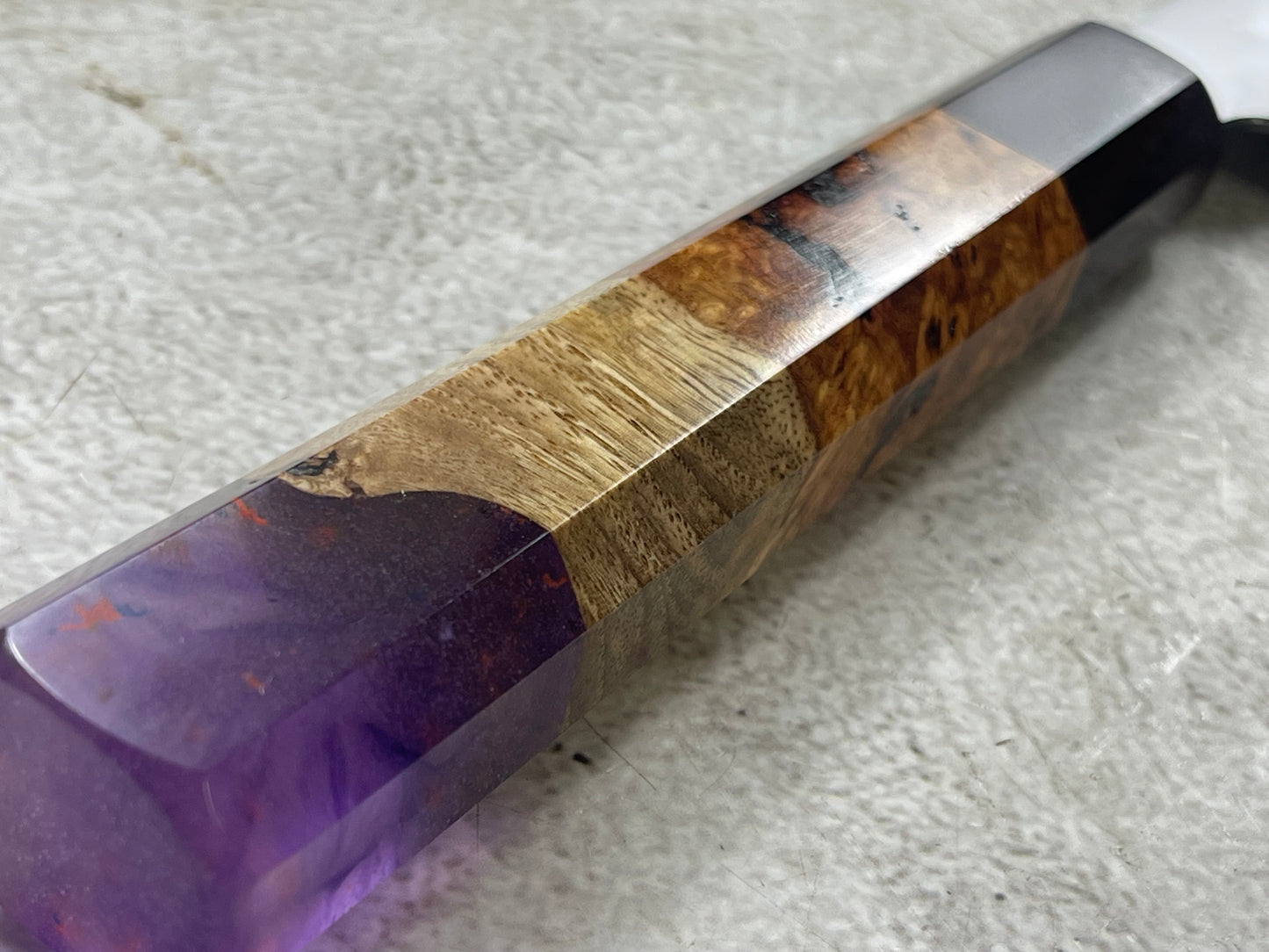 Keskin Migaki Kiritsuke 230mm Amboyna Burl Mix & Purple Resin Rosewood Ferrule