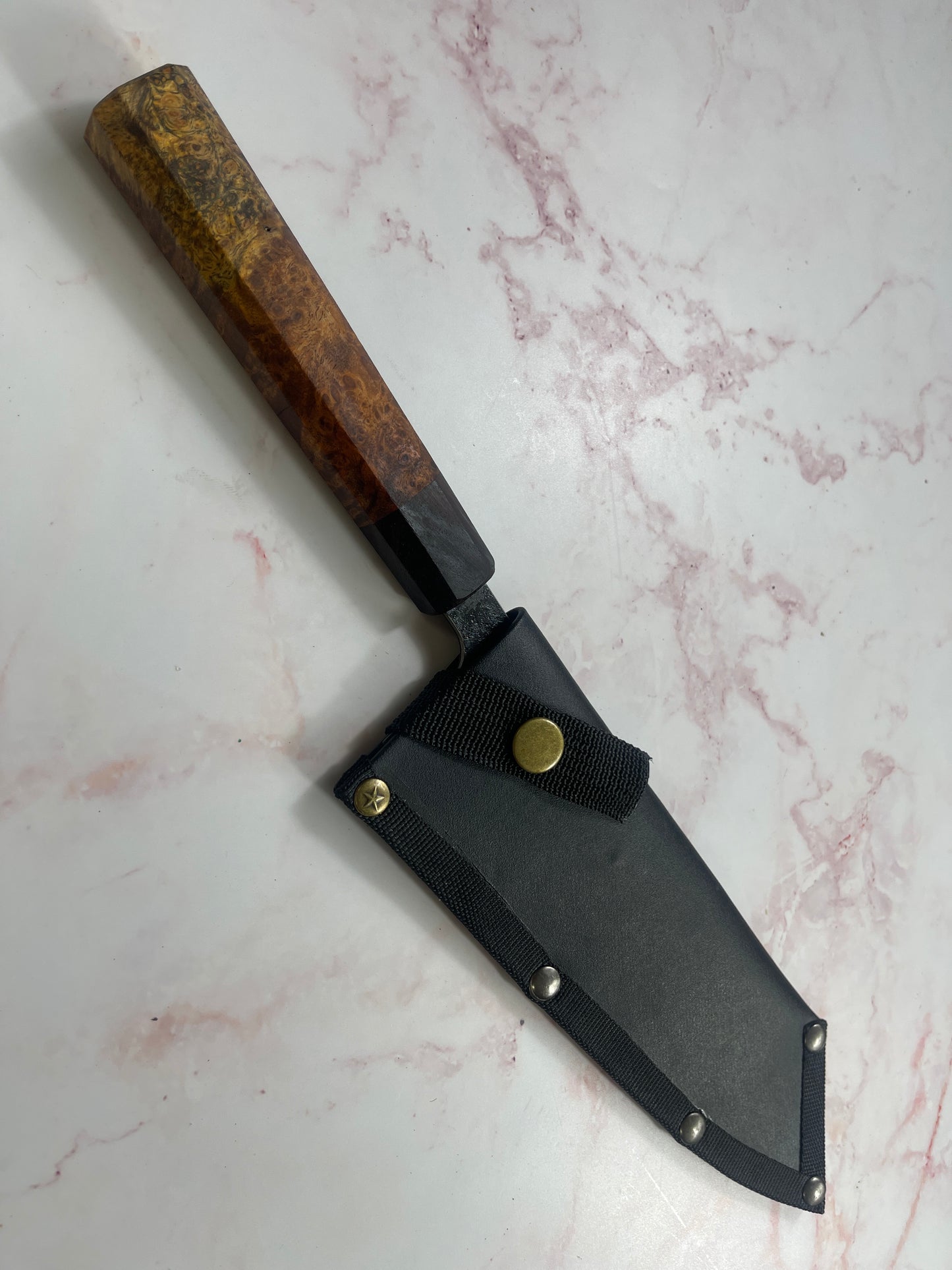 SanMai Bunka 180mm Kurouchi Etched, Amboyna Burl & Rosewood Handle