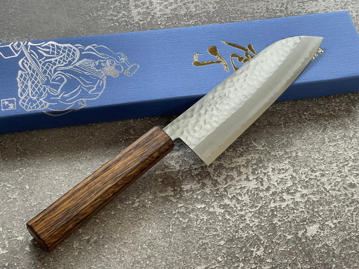 Masutani Kokuryu Tsutime Santoku 170mm  VG1 Steel Oak Handle