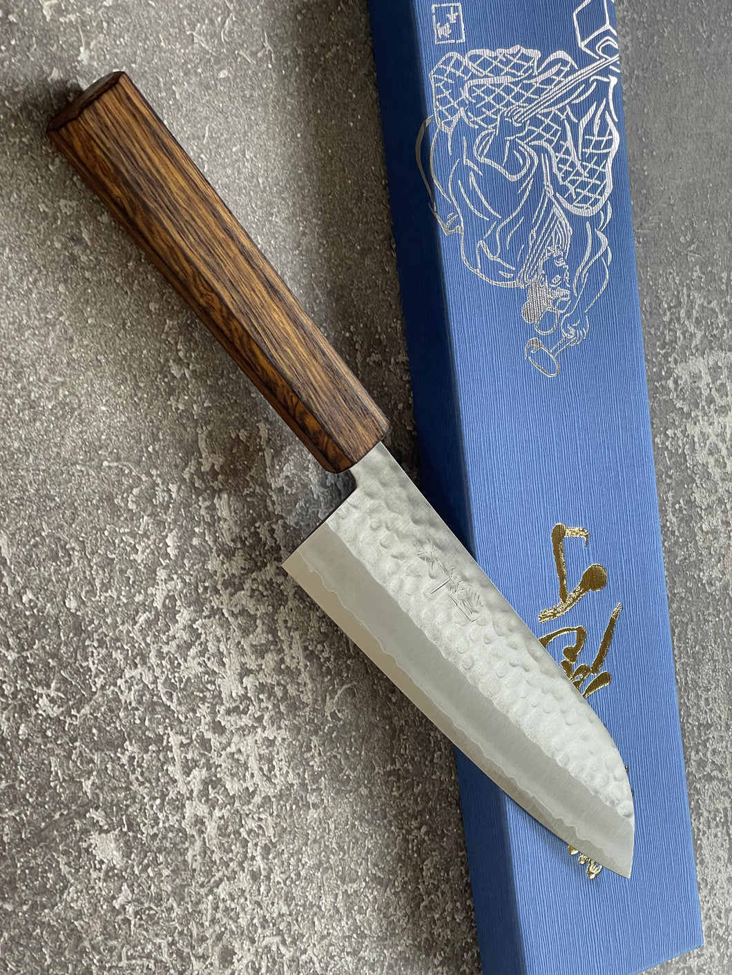Masutani Kokuryu Tsutime Santoku 170mm  VG1 Steel Oak Handle