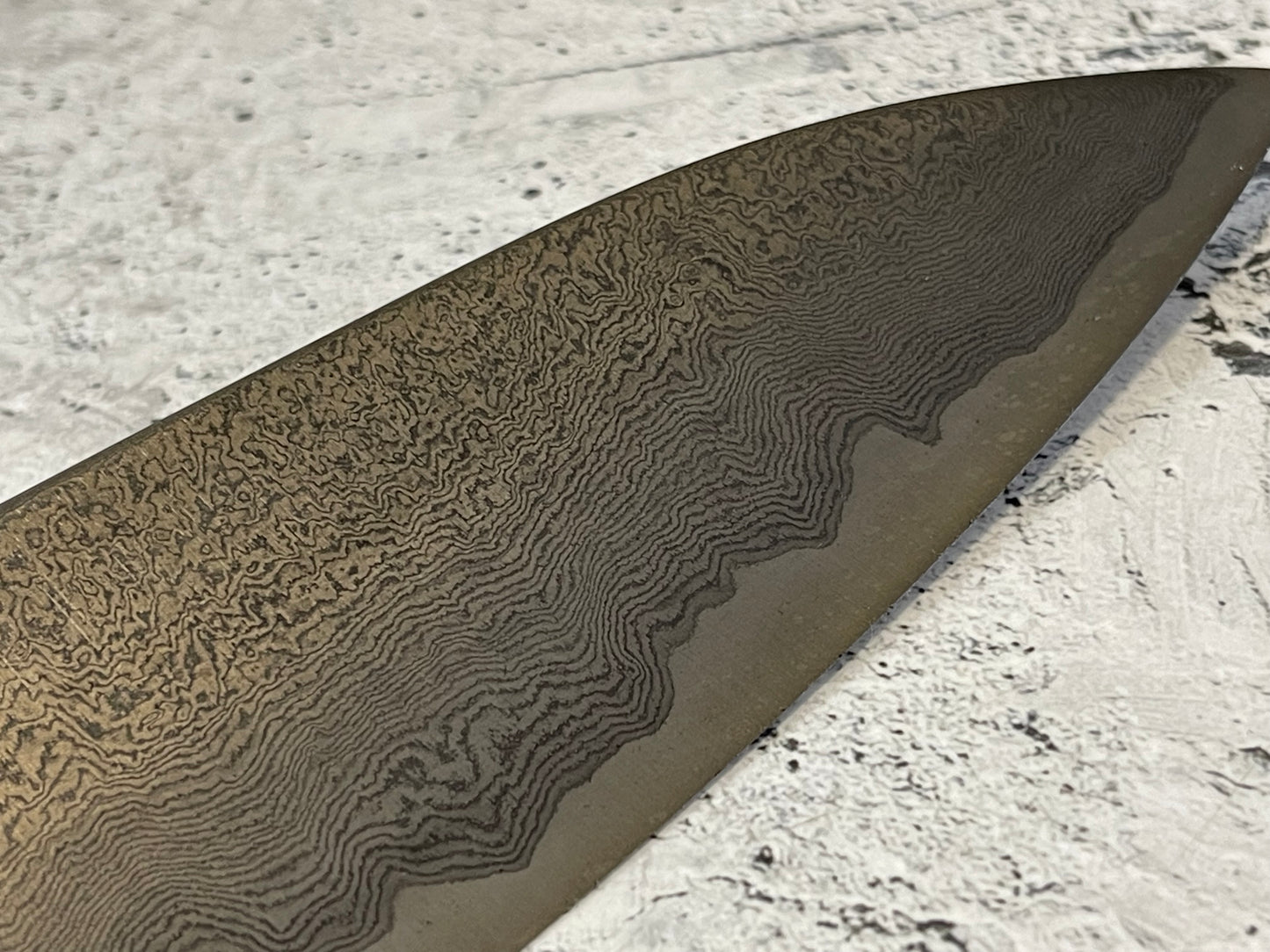 Damascus Laminated Carbon Steel 52100 Gyuto Knife 220mm Kurouchi Etched, Vietnamese Ebony Handle