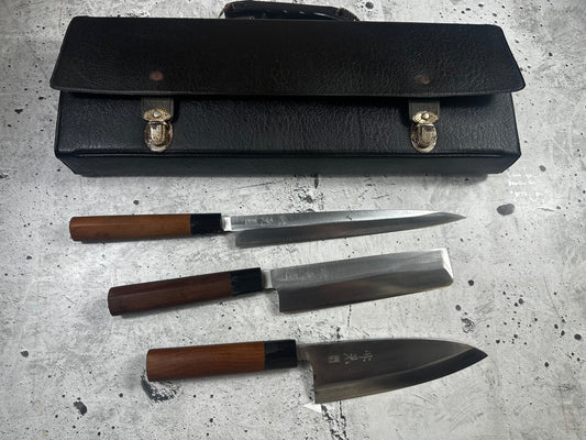 Vintage Masaaki / Masateru Sashimi Set Carbon Steel Magnolia Wood Handle  Knife Case 2253