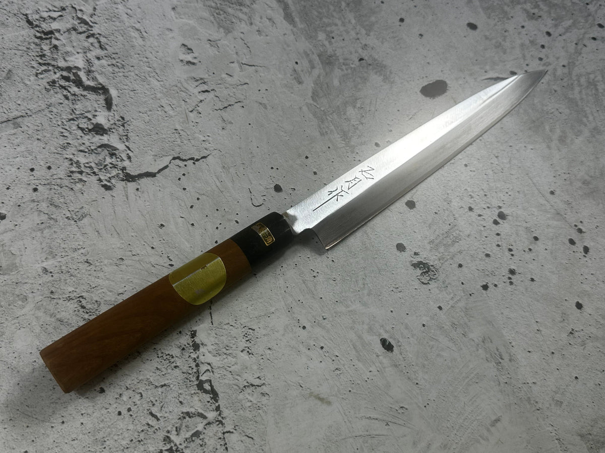 Vintage Kumpei Yanagiba Knife 210mm Carbon Steel Wood Handle Buffalo Horn 2228