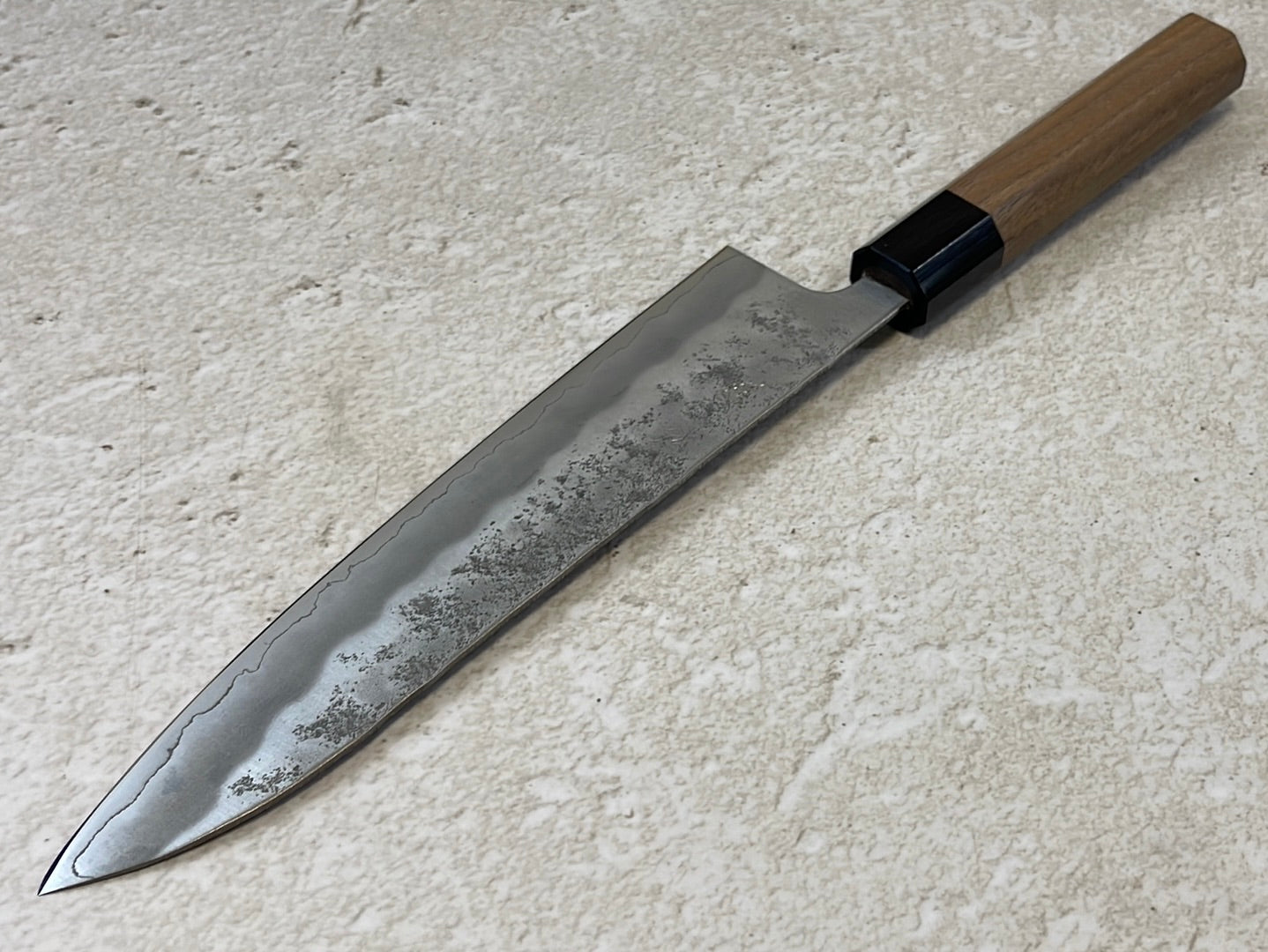 Yoshimune Gyuto 210 mm (8.3 in) Ginsan (Silver #3) Nashiji finish Double-Bevel Walnut Octagonal Handle