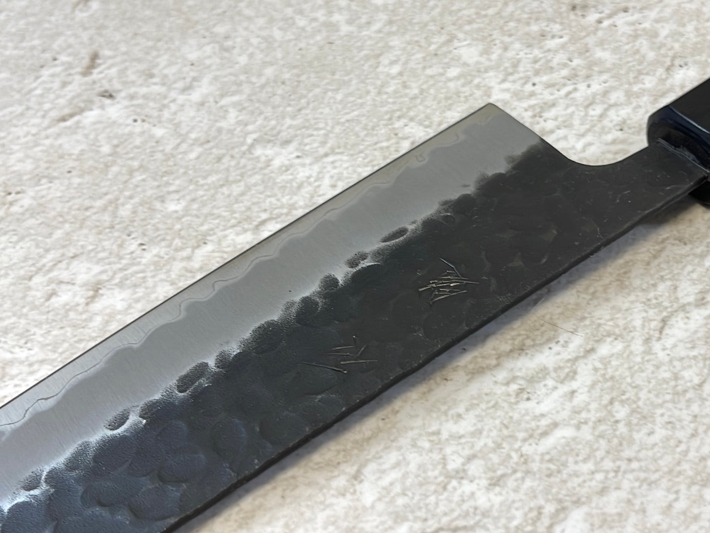 Yoshimune Gyuto Black Stainless 240 mm (9.4 in) Aogami Super Hammered Finish Double-Bevel Walnut Octagonal Handle