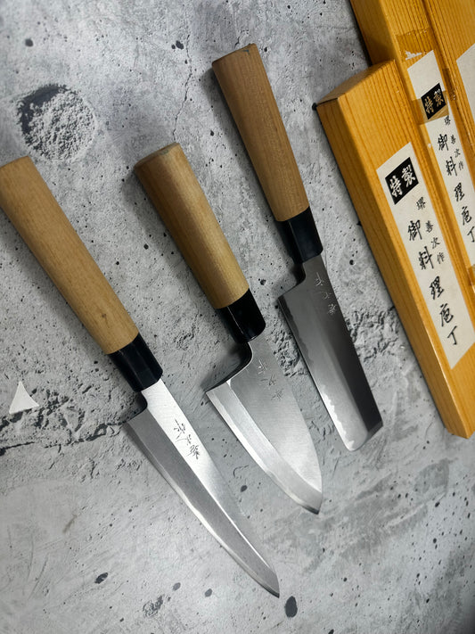 Vintage Sakai Zenji Sashimi Knife Set 3x Carbon Steel 2297