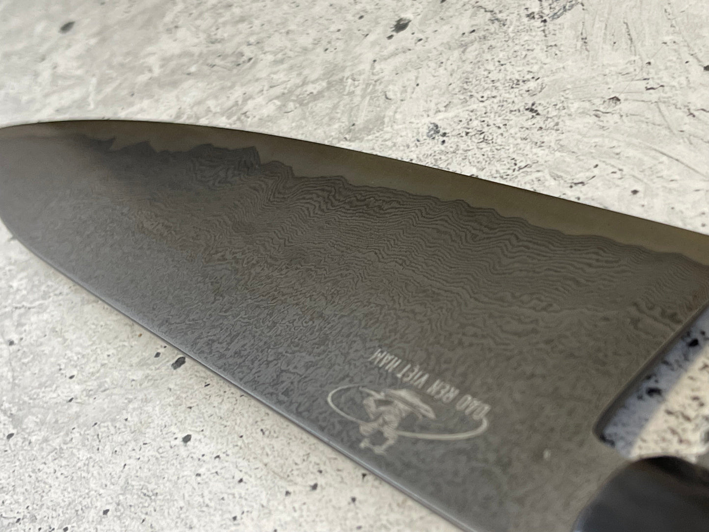 Damascus Laminated Carbon Steel 52100 Gyuto Knife 220mm Kurouchi Etched, Vietnamese Ebony Handle