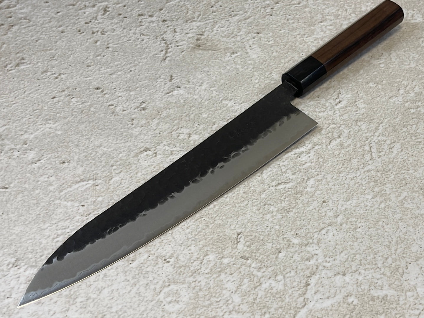 Yoshimune Gyuto Black Stainless 240 mm (9.4 in) Aogami Super Hammered Finish Double-Bevel Walnut Octagonal Handle