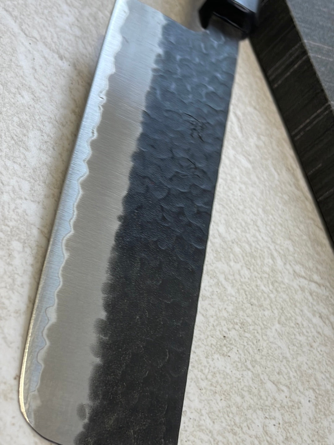 Yoshimune Nakiri Black Stainless 165mm Aogami Super Hammered Finish Double-Bevel Walnut Octagonal Handle