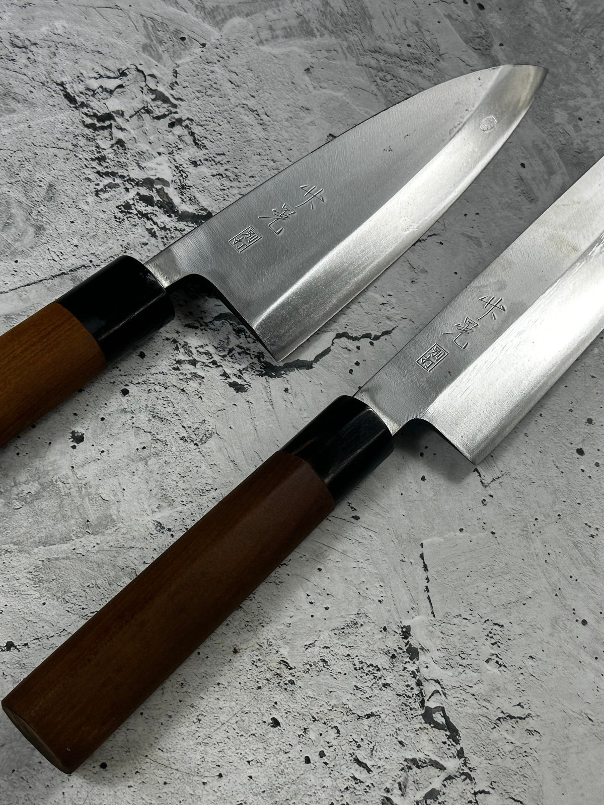 Vintage Masaaki / Masateru Sashimi Set 2x Carbon Steel Magnolia Wood Handle 2254