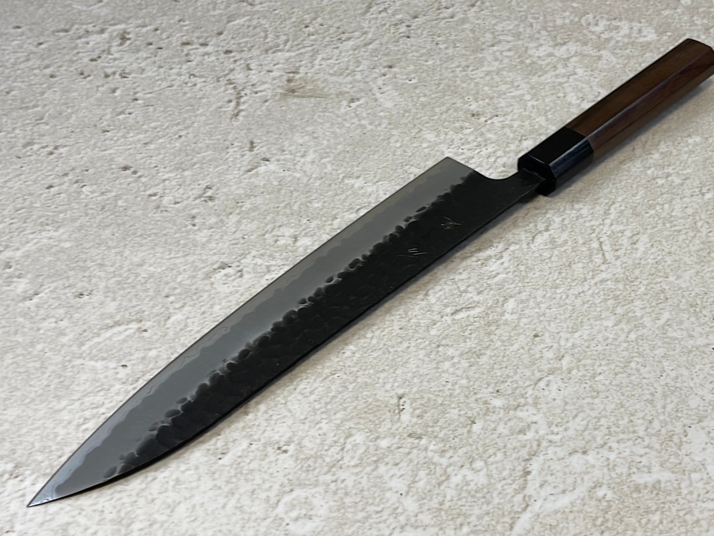 Yoshimune Gyuto Black Stainless 240 mm (9.4 in) Aogami Super Hammered Finish Double-Bevel Walnut Octagonal Handle