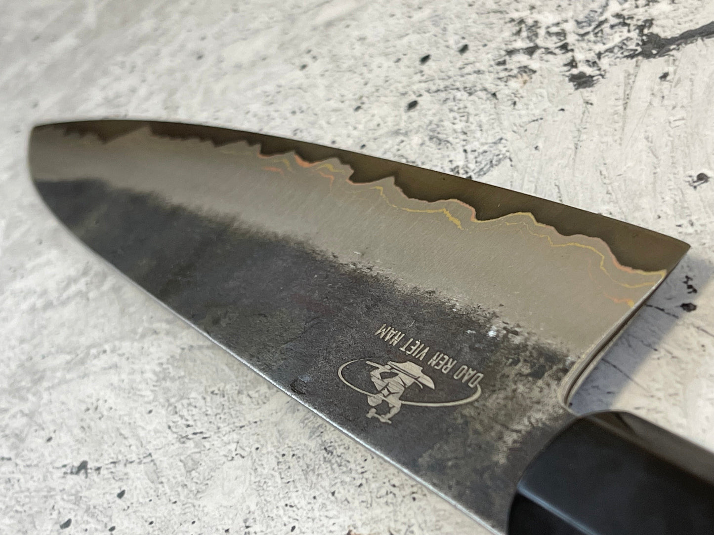 SanMai Stainless & Copper Gyuto Knife 200mm Kurouchi Etched, Vietnamese Ebony Handle