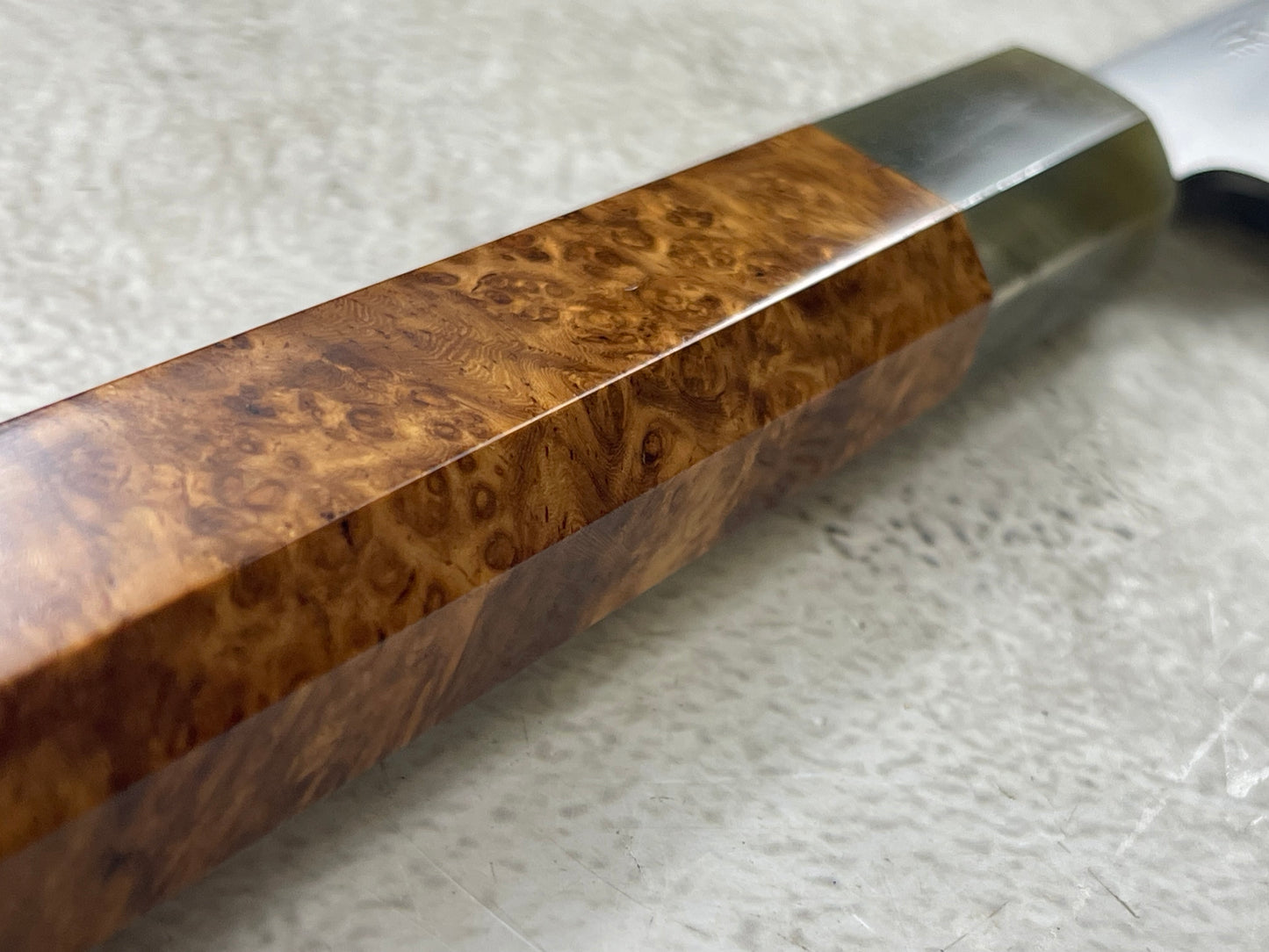 Keskin Migaki Kiritsuke 230mm Amboyna Burl & Blonde Buffalo Horn with sheath