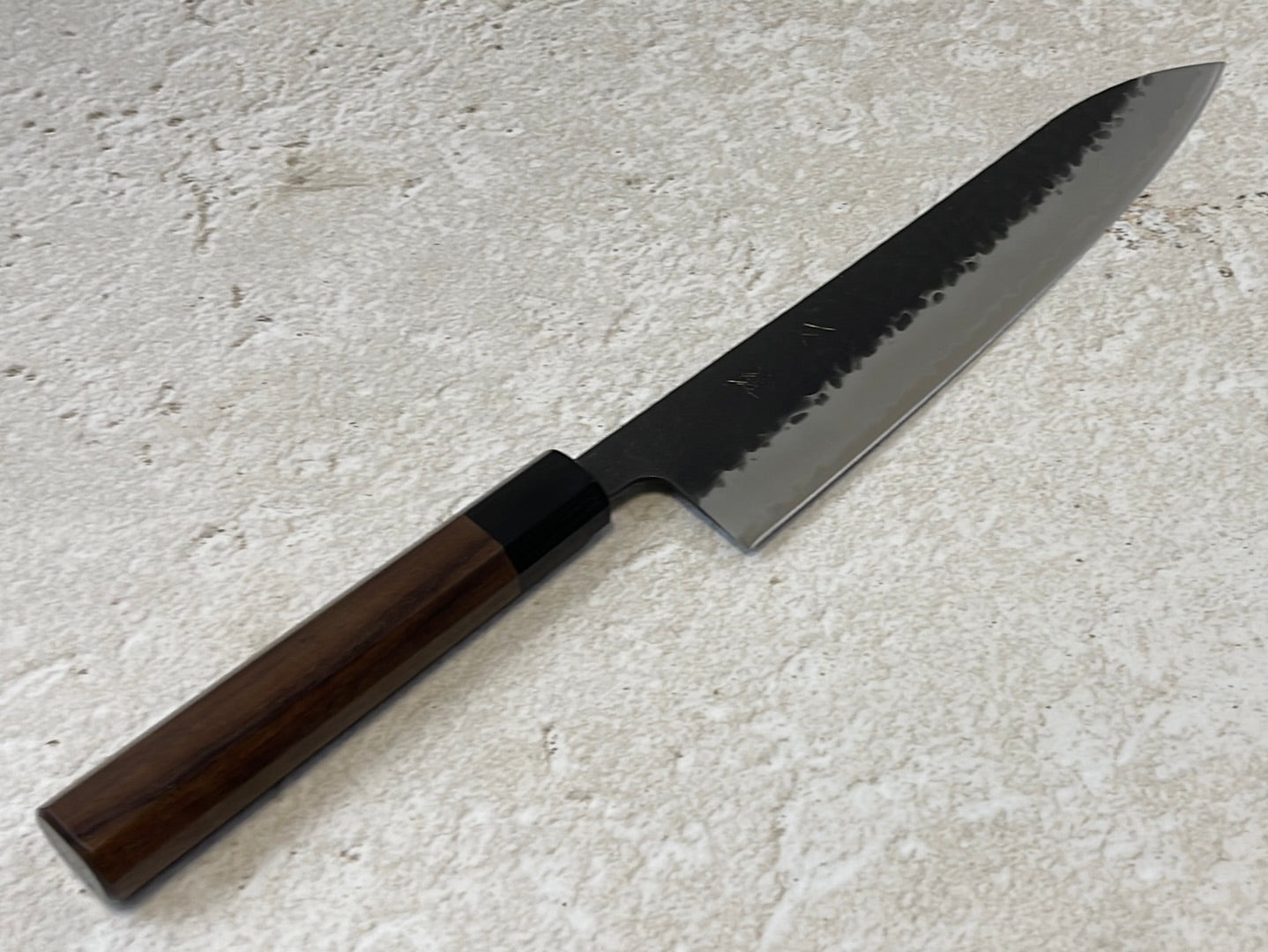 Yoshimune Gyuto Black Stainless 240 mm (9.4 in) Aogami Super Hammered Finish Double-Bevel Walnut Octagonal Handle