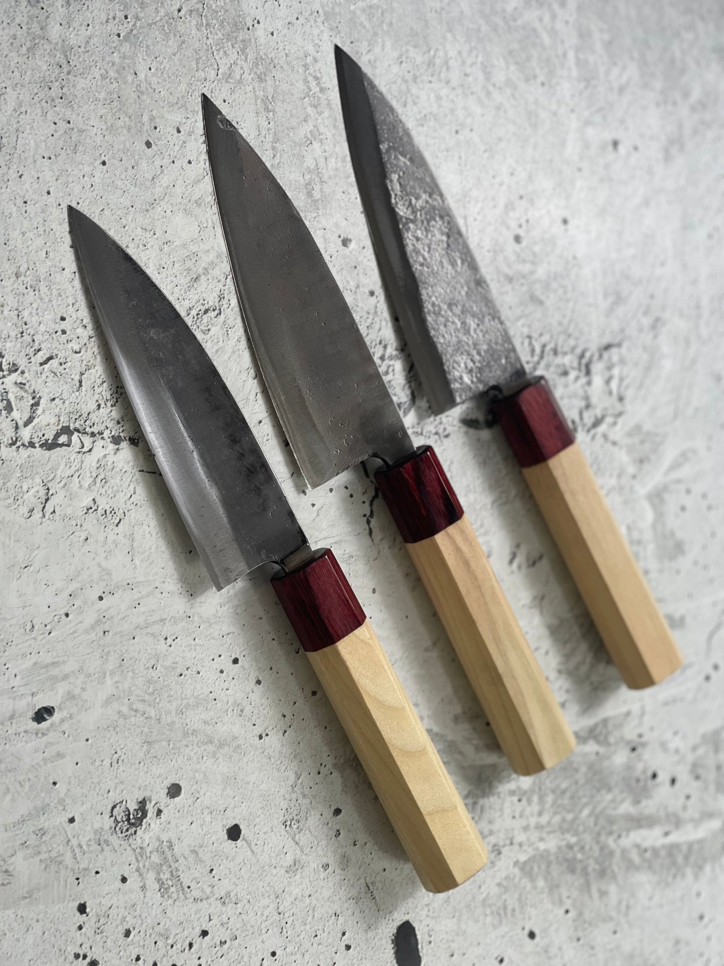 Japanese Knife Set 3x Carbon Steel Magnolia and Red Pakka Octagon Handle Made In Japan 1539