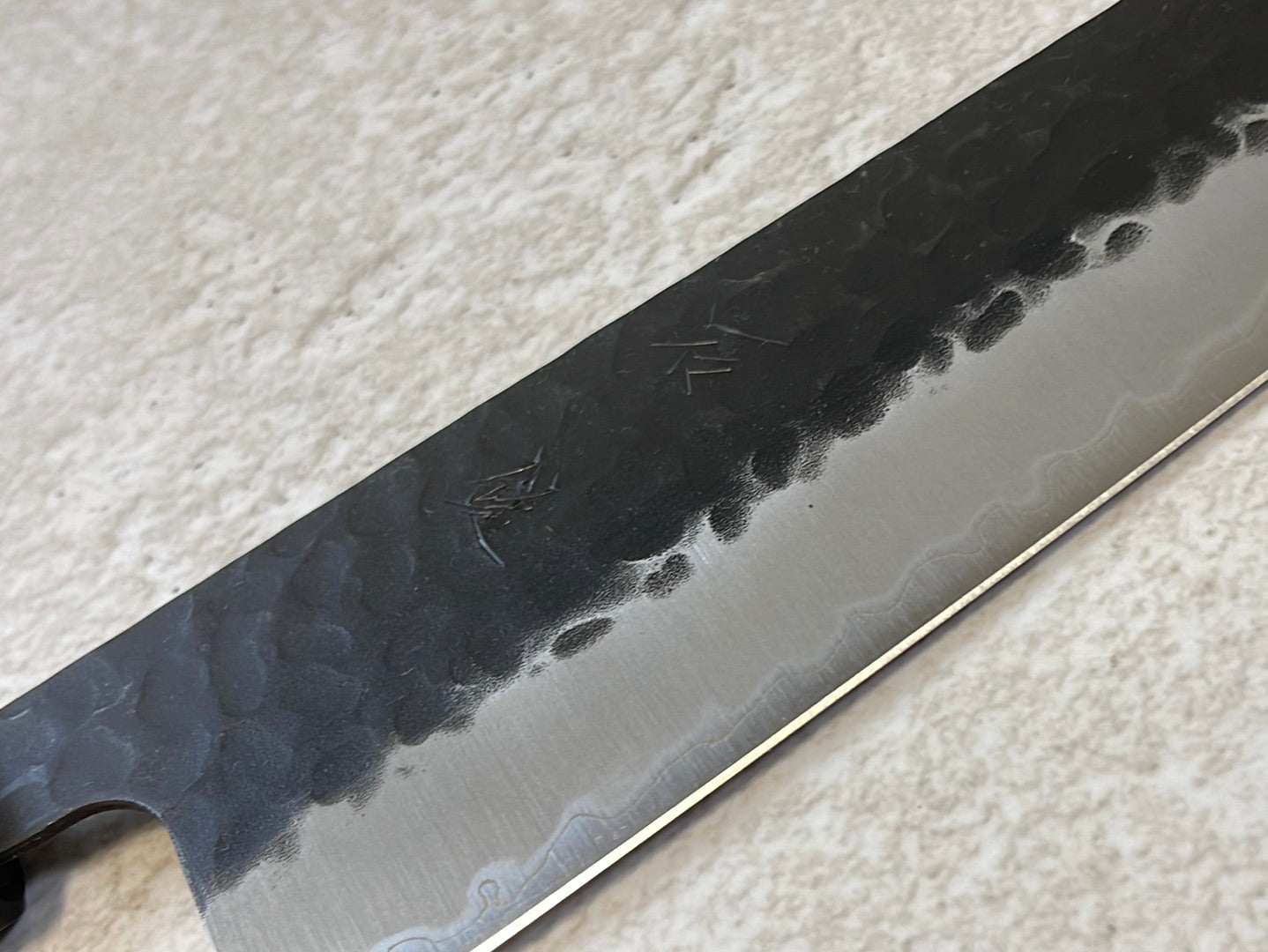 Yoshimune Gyuto Black Stainless 240 mm (9.4 in) Aogami Super Hammered Finish Double-Bevel Walnut Octagonal Handle