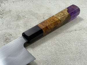 Keskin Migaki Kiritsuke 230mm Amboyna Burl Mix & Purple Resin Rosewood Ferrule