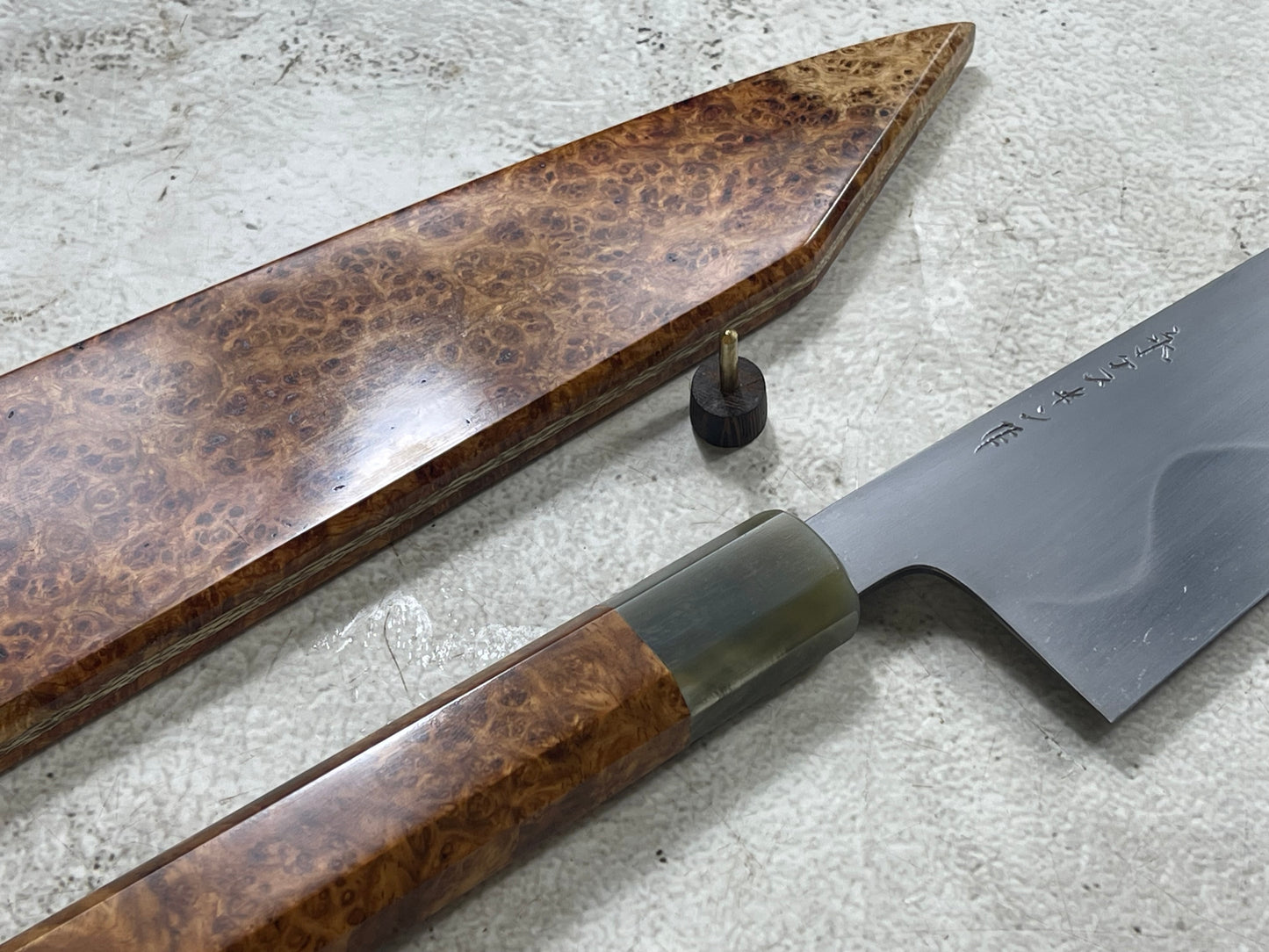 Keskin Migaki Kiritsuke 230mm Amboyna Burl & Blonde Buffalo Horn with sheath