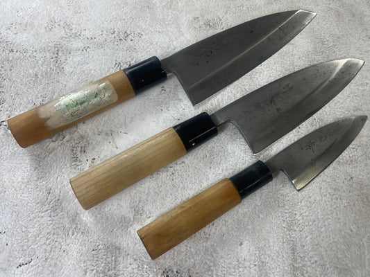 Vintage Japanese Deba Knife Set 3x Carbon Steel Made in Japan 1904