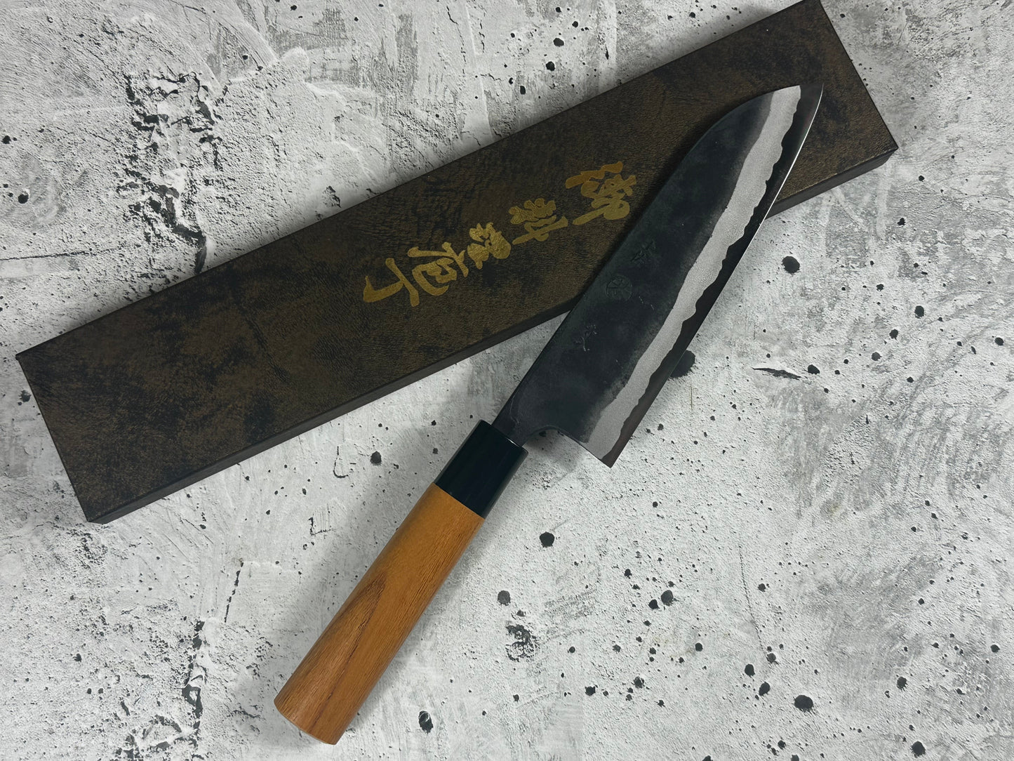 Kyohei Shindo Warikomi Blue #2 Kurouchi 165mm Santoku with Keyaki Wa Handle and Plastic Ferrule - Made in Japan 🇯🇵