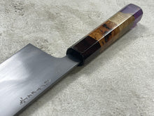 Load image into Gallery viewer, Keskin Migaki Kiritsuke 230mm Amboyna Burl Mix &amp; Purple Resin Rosewood Ferrule