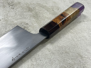 Keskin Migaki Kiritsuke 230mm Amboyna Burl Mix & Purple Resin Rosewood Ferrule