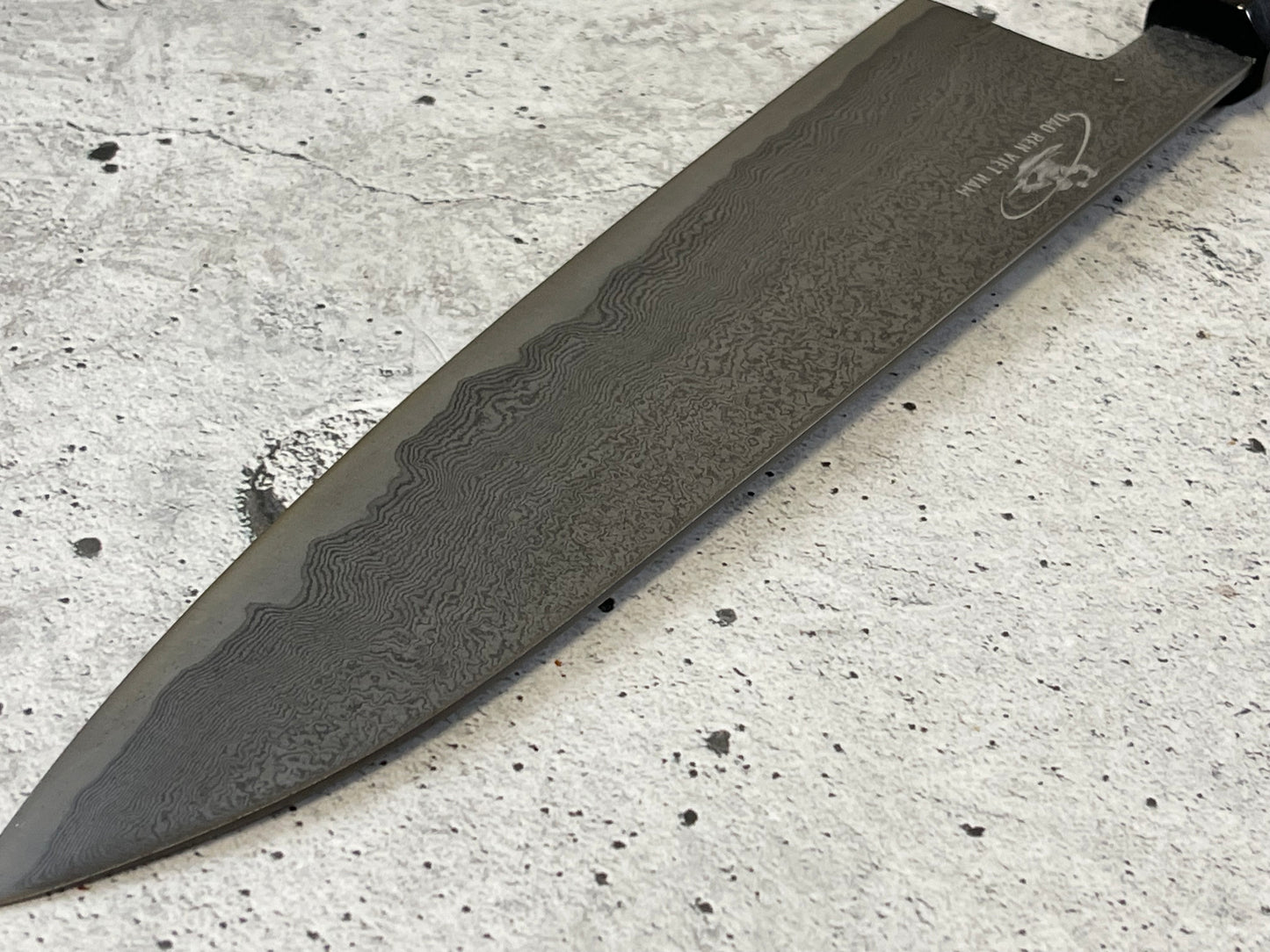 Damascus Laminated Carbon Steel 52100 Gyuto Knife 220mm Kurouchi Etched, Vietnamese Ebony Handle