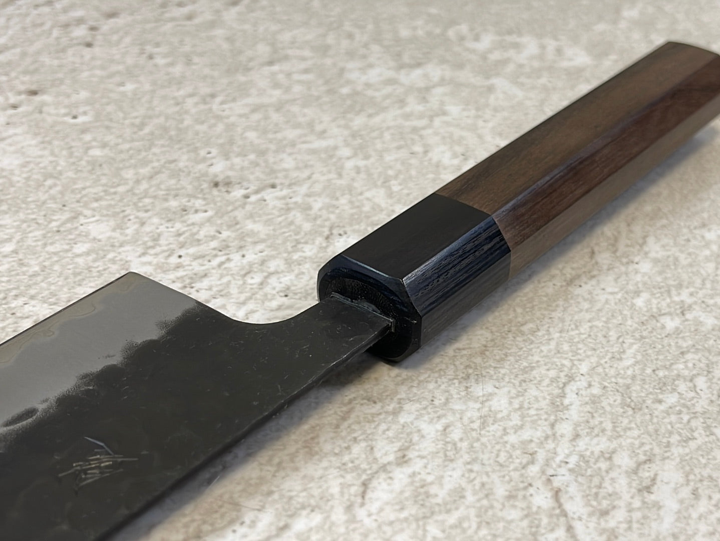 Yoshimune Gyuto Black Stainless 240 mm (9.4 in) Aogami Super Hammered Finish Double-Bevel Walnut Octagonal Handle
