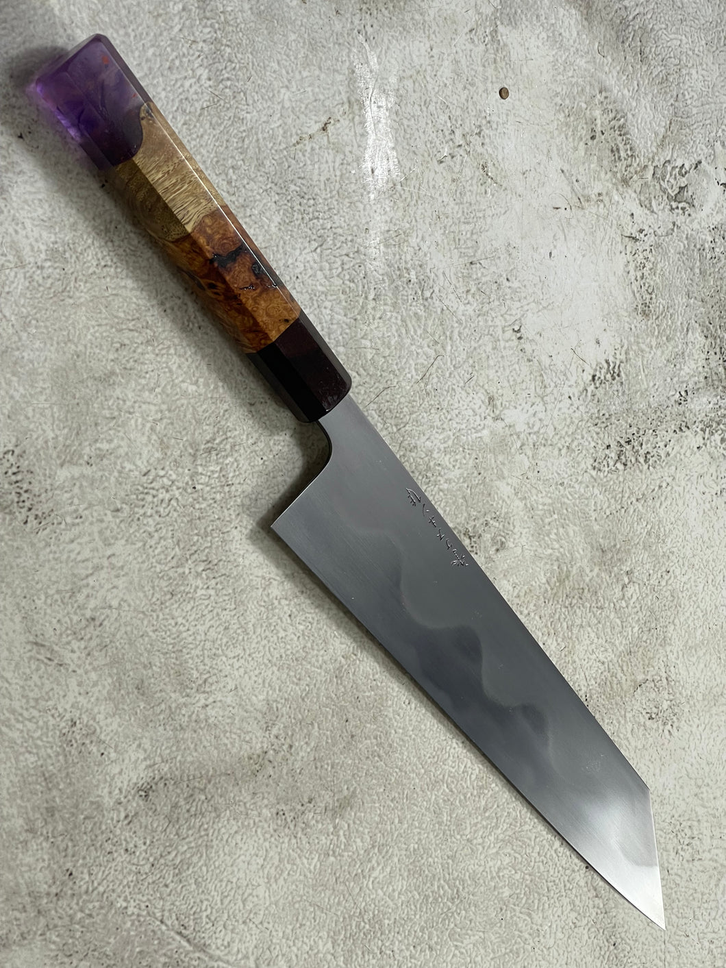 Keskin Migaki Kiritsuke 230mm Amboyna Burl Mix & Purple Resin Rosewood Ferrule