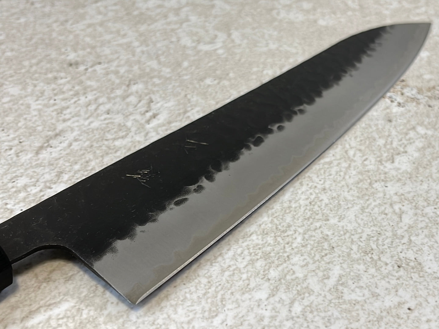 Yoshimune Gyuto Black Stainless 240 mm (9.4 in) Aogami Super Hammered Finish Double-Bevel Walnut Octagonal Handle