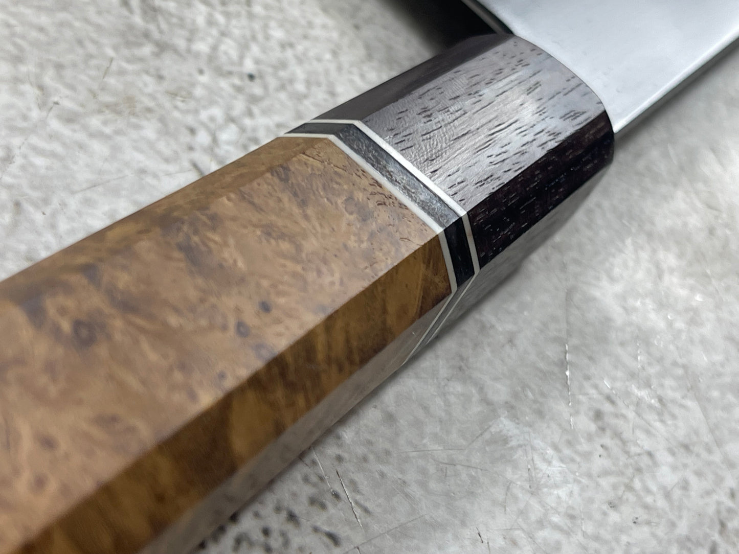 Kanefusa Gyuto 230mm Teakwood Burl Liner Spacer Rosewood Ferrule & Sheath
