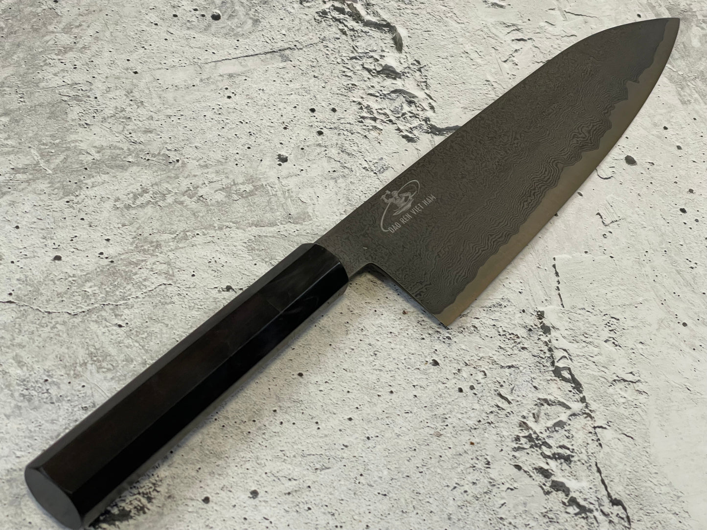 Damascus Laminated Carbon Steel 52100 Gyuto Knife 220mm Kurouchi Etched, Vietnamese Ebony Handle