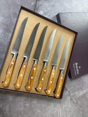 K Sabatier Steak Knife Set 6x 130mm - HIGH CARBON STEEL - OLIVE WOOD HANDLE