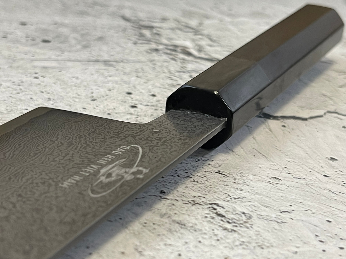 Damascus Laminated Carbon Steel 52100 Gyuto Knife 220mm Kurouchi Etched, Vietnamese Ebony Handle
