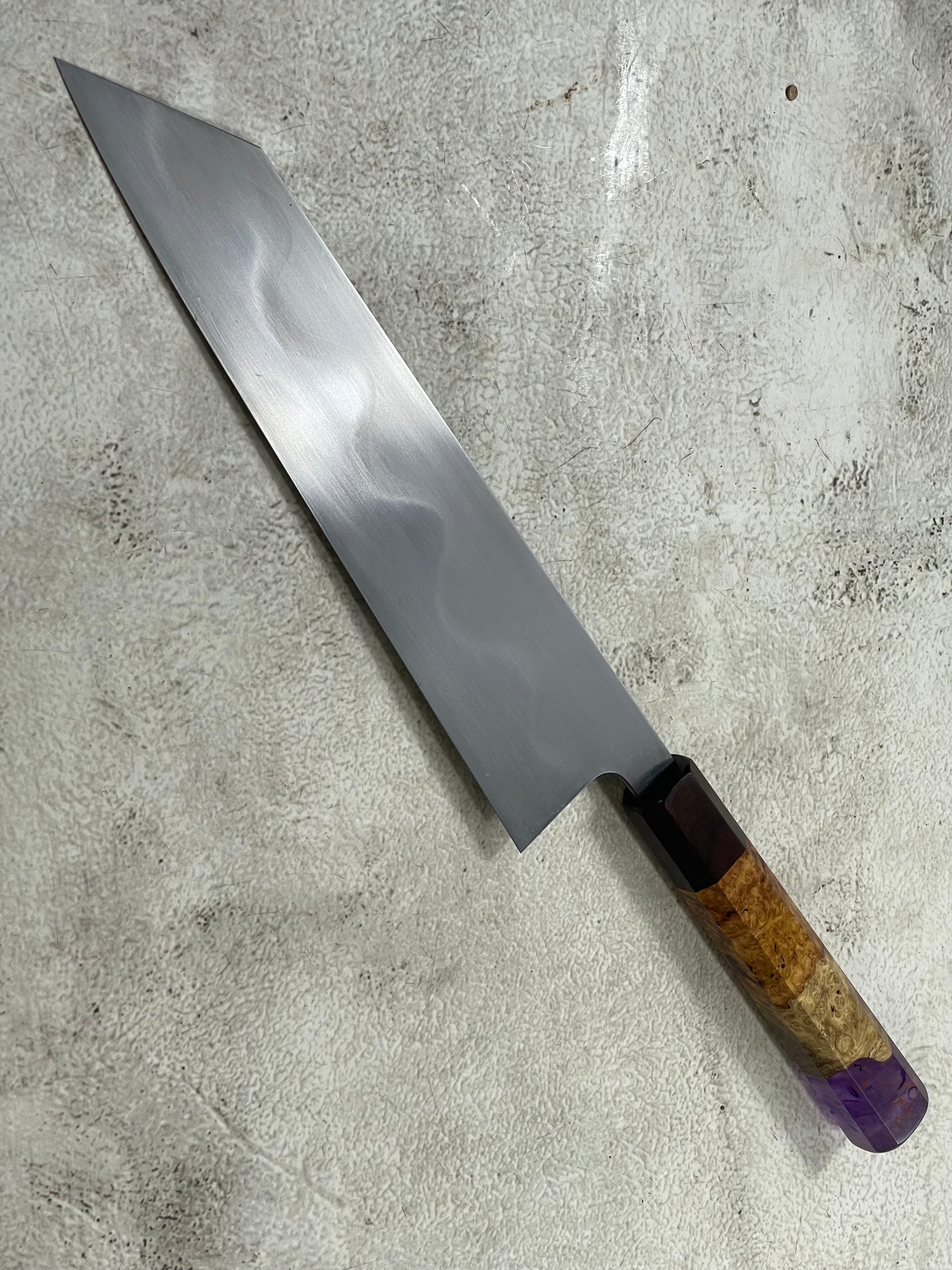 Keskin Migaki Kiritsuke 230mm Amboyna Burl Mix & Purple Resin Rosewood Ferrule