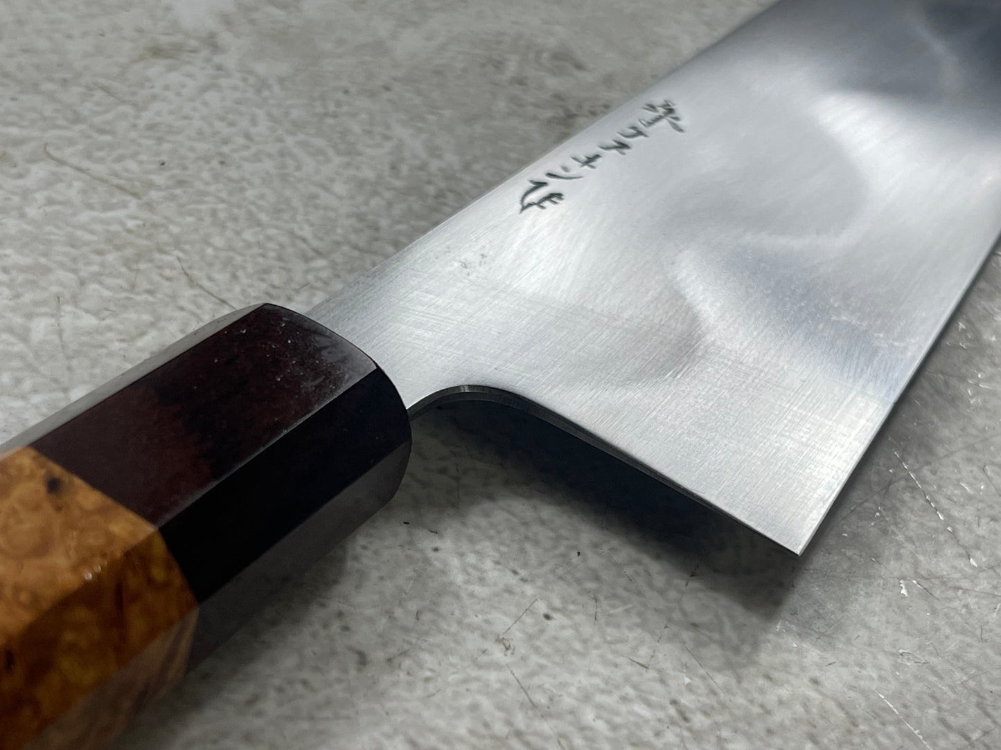 Keskin Migaki Kiritsuke 230mm Amboyna Burl Mix & Purple Resin Rosewood Ferrule