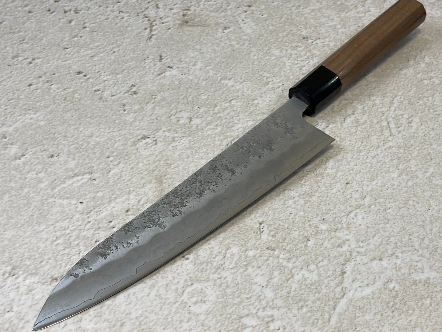 Yoshimune Gyuto 210 mm (8.3 in) Ginsan (Silver #3) Nashiji finish Double-Bevel Walnut Octagonal Handle