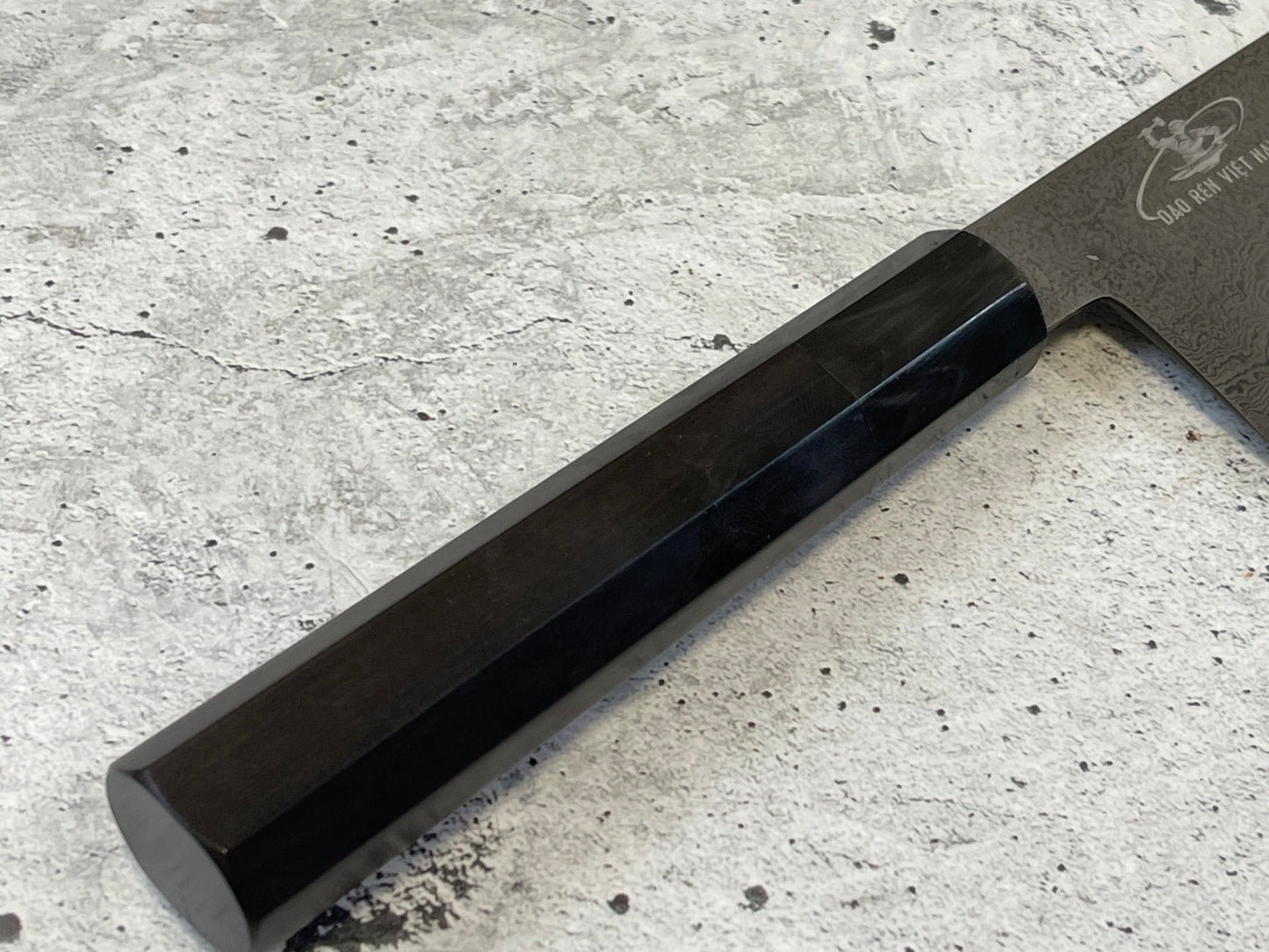 Damascus Laminated Carbon Steel 52100 Gyuto Knife 220mm Kurouchi Etched, Vietnamese Ebony Handle