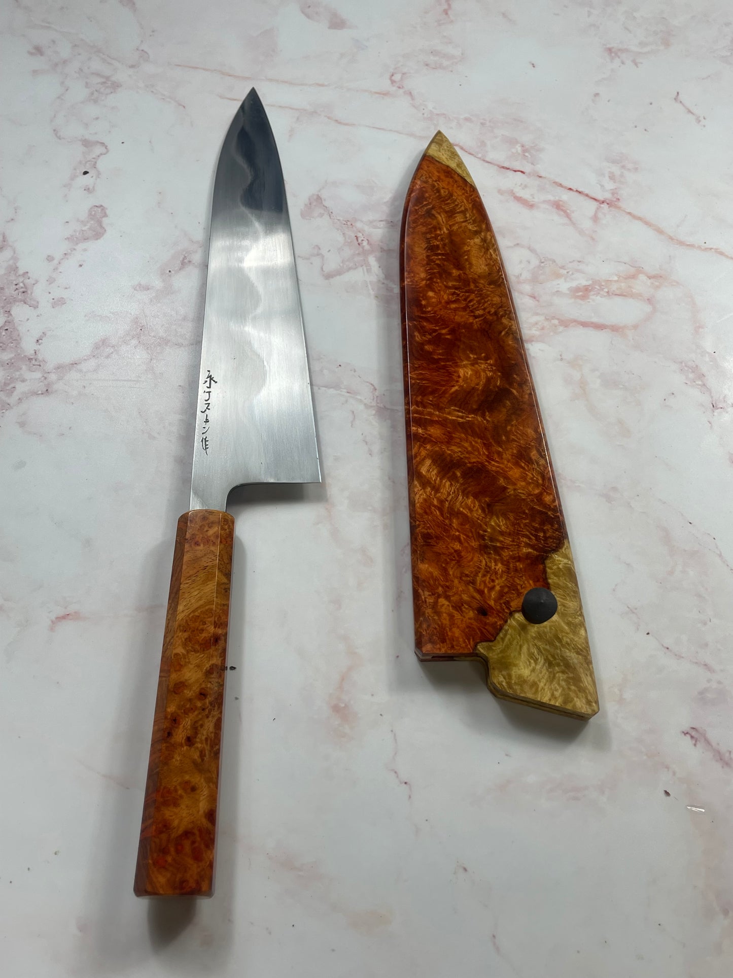 Keskin Honyaki Gyuto 240mm , Full Amboyna Burl with Amboyna Saya