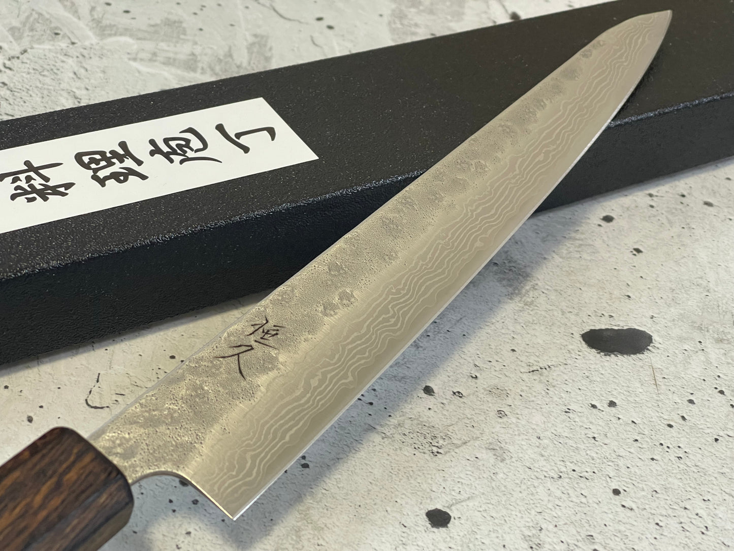 Tsunehisa 440c Damascus Nashiji  Sujihiki 240mm Oak Wood Handle - Made in Japan 🇯🇵