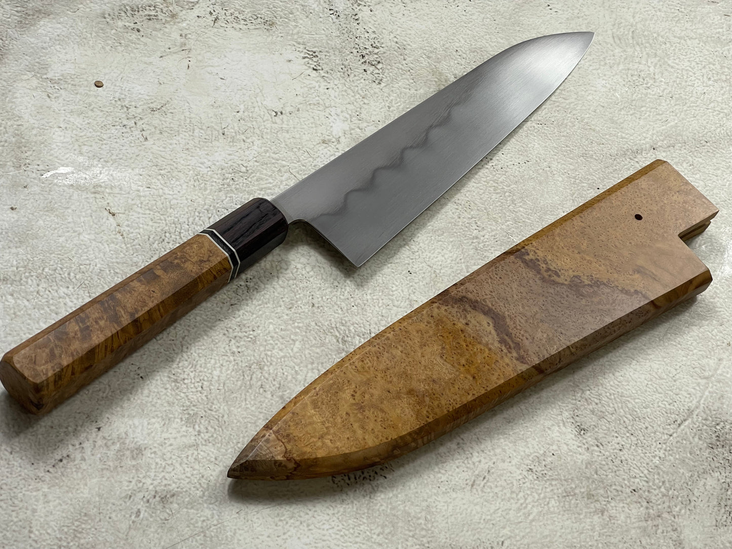 Kanefusa Gyuto 230mm Teakwood Burl Liner Spacer Rosewood Ferrule & Sheath
