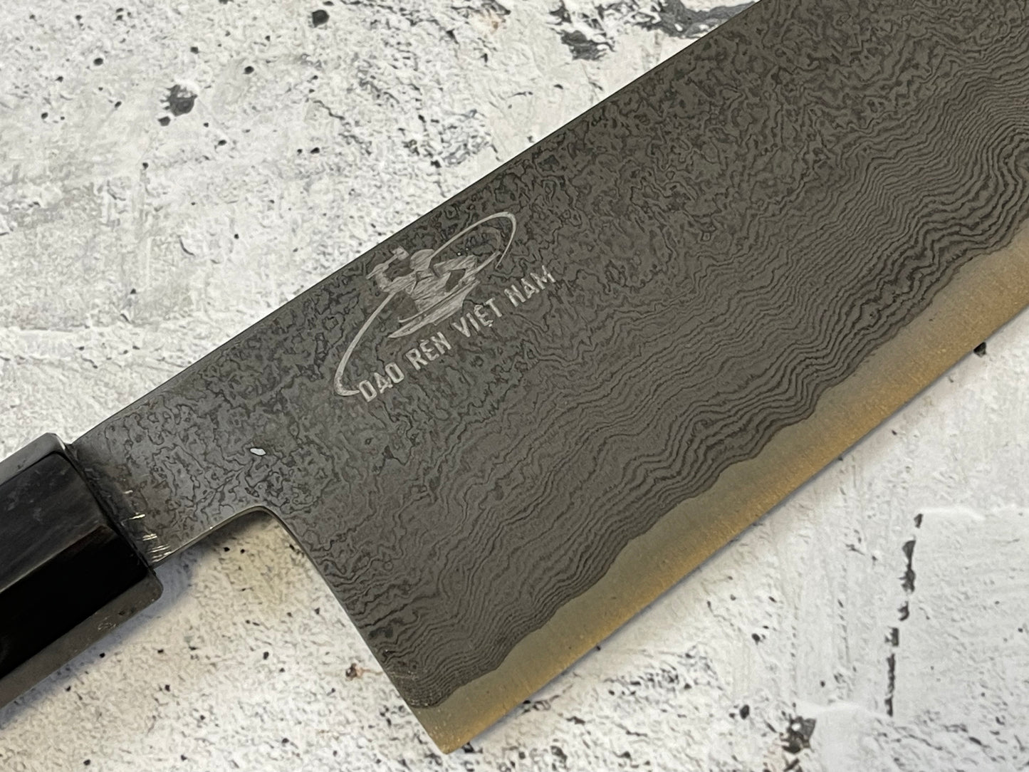 Damascus Laminated Carbon Steel 52100 Gyuto Knife 220mm Kurouchi Etched, Vietnamese Ebony Handle