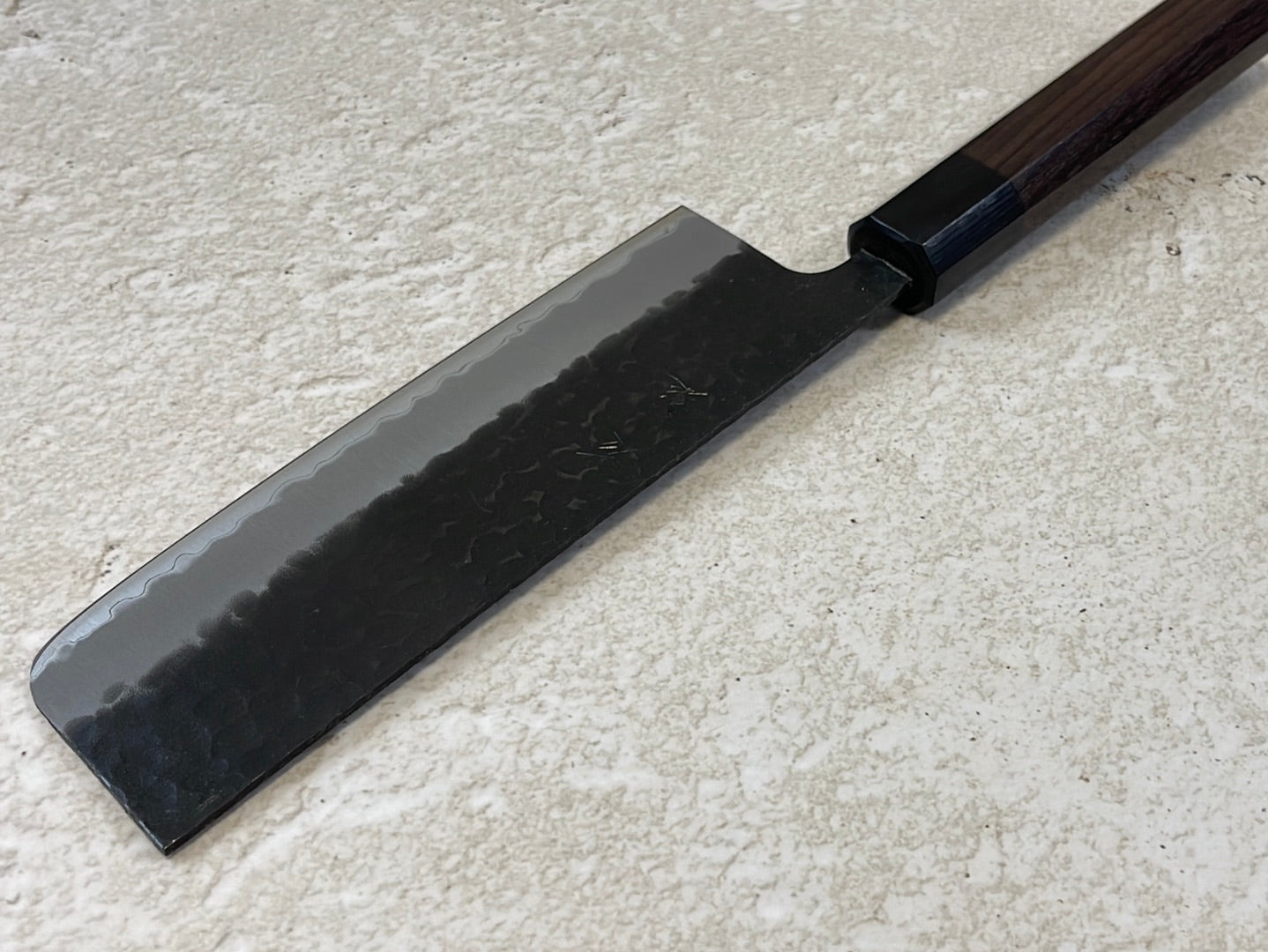 Yoshimune Nakiri Black Stainless 165mm Aogami Super Hammered Finish Double-Bevel Walnut Octagonal Handle