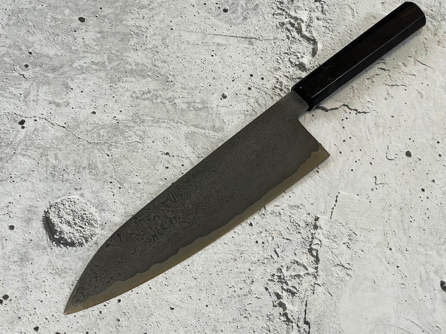 Damascus Laminated Carbon Steel 52100 Gyuto Knife 220mm Kurouchi Etched, Vietnamese Ebony Handle