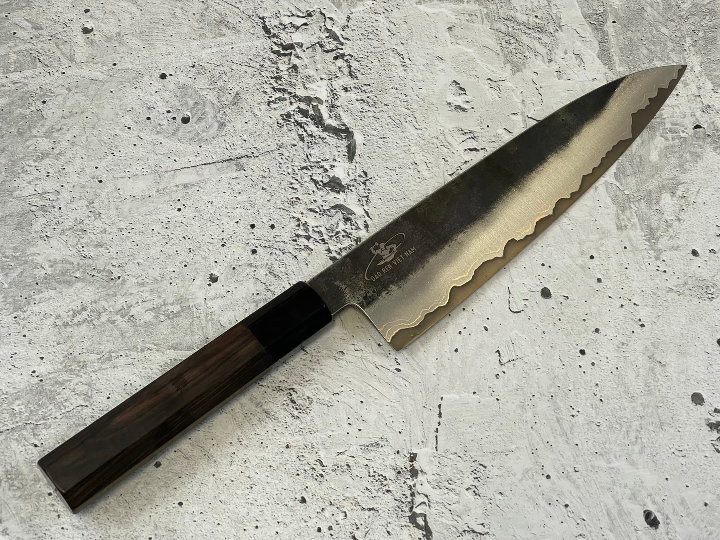 SanMai Stainless & Copper Gyuto Knife 200mm Kurouchi Etched, Vietnamese Ebony Handle