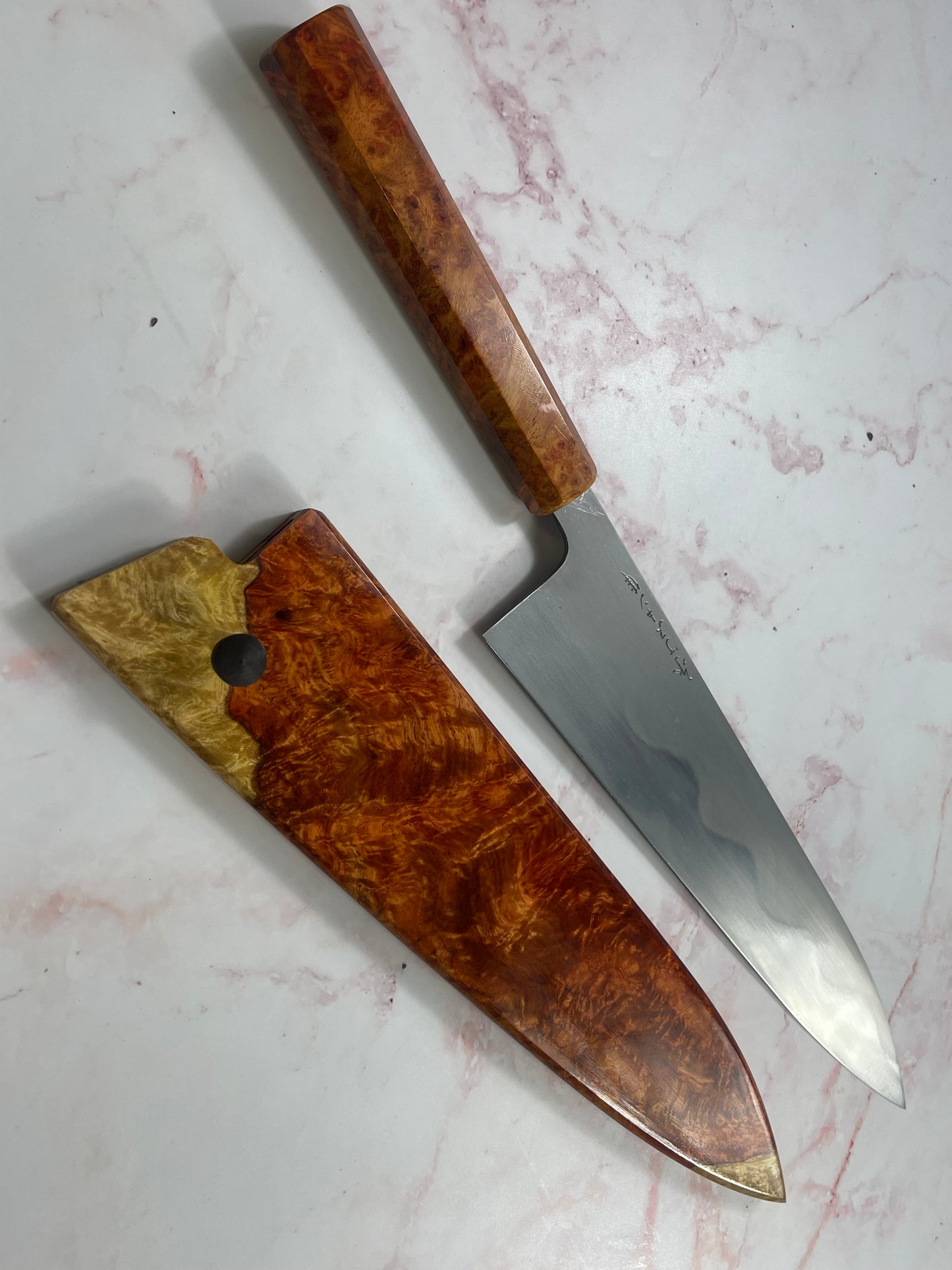 Keskin Honyaki Gyuto 240mm , Full Amboyna Burl with Amboyna Saya